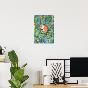 Poster Chat mignon endormi parmi les cactus en fleurs aqu
