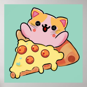 Poster Chat Mignon Enlaçant une Pizza au Pepperoni de Des