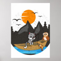 Chat Mignon et Bateau de Pêche de Hibou Art de la