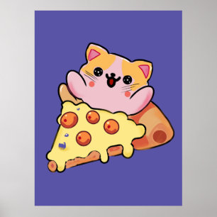 Poster Chat mignon kawaii serrant une pizza pepperoni de 
