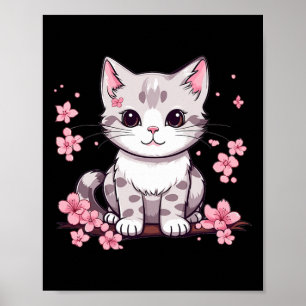 Poster Chat mignonne avec fleurs de cerise I Enfants Chat