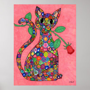 Poster Chat Millefiori avec Rose Rouge
