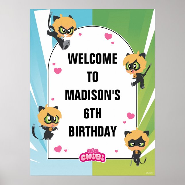 Poster Chat Miraculeux Noir Chibi Accueil Anniversaire (Devant)