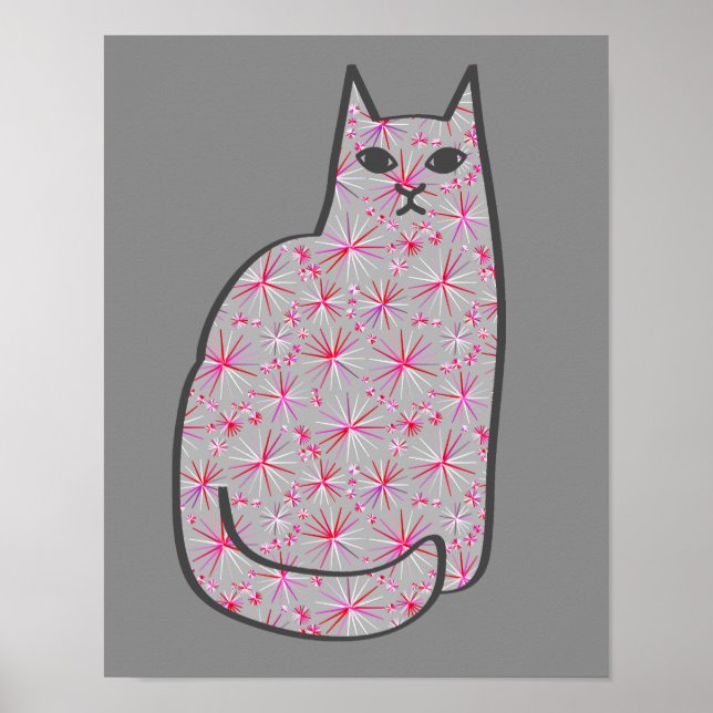 Poster Chat moderne du milieu du siècle, gris / gris et r (Devant)