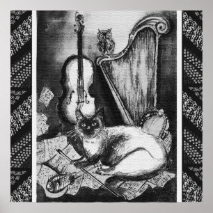 Poster CHAT MUSICAL, OWL, VIOLIN, HARP Black White Grey M