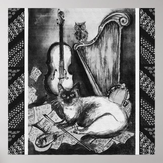 Poster CHAT MUSICAL, OWL, VIOLIN, HARP Black White Grey M (Devant)