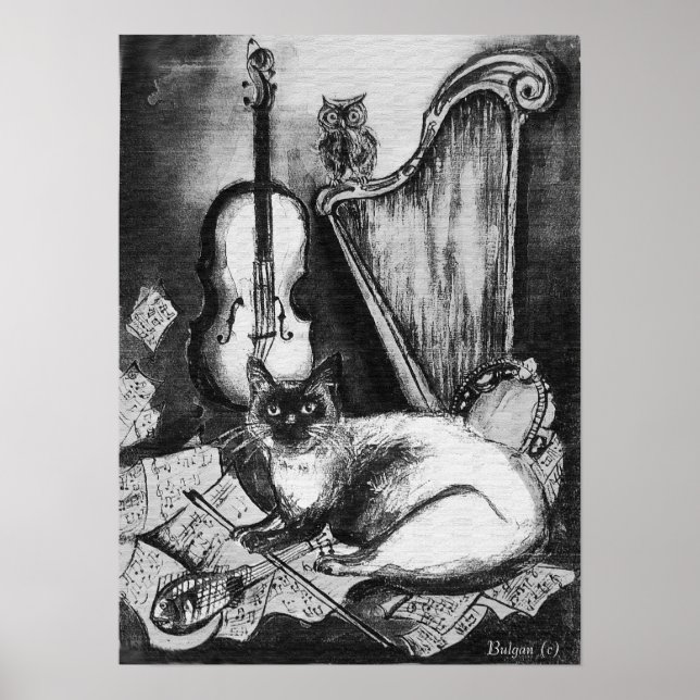 Poster CHAT MUSICAL, OWL, VIOLIN, HARP Black White Grey M (Devant)