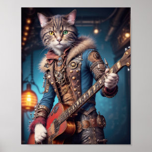 Poster Chat musicien en robe steampunk bleue jouant de la