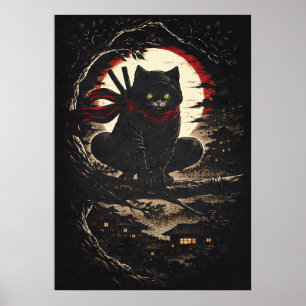 Poster Chat Ninja, drôle d'art d'animé japonais de tatoua