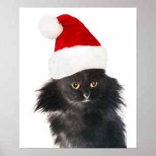 POSTER CHAT NOËL NOIR AVEC CASQUETTE SANTA CLAUS