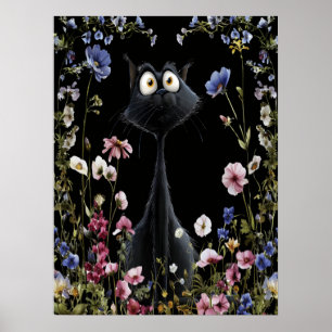 Poster Chat noir abstrait Fleurs sauvages colorées