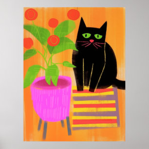 Poster Chat Noir Adorable Avec Plantes