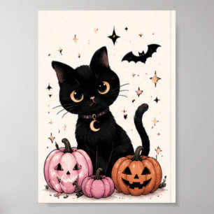 Poster Chat noir au collier Lune Citrouille Rose