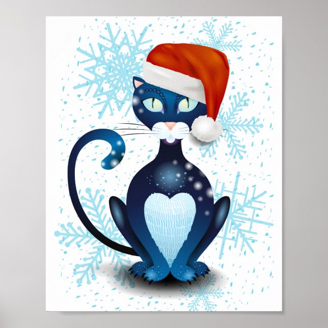 Poster Chat noir avec Casquette Père Noël (Devant)