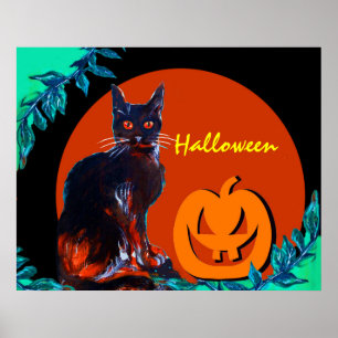 POSTER CHAT NOIR AVEC CITROUILLE DANS LA NUIT D'HALLOWEEN