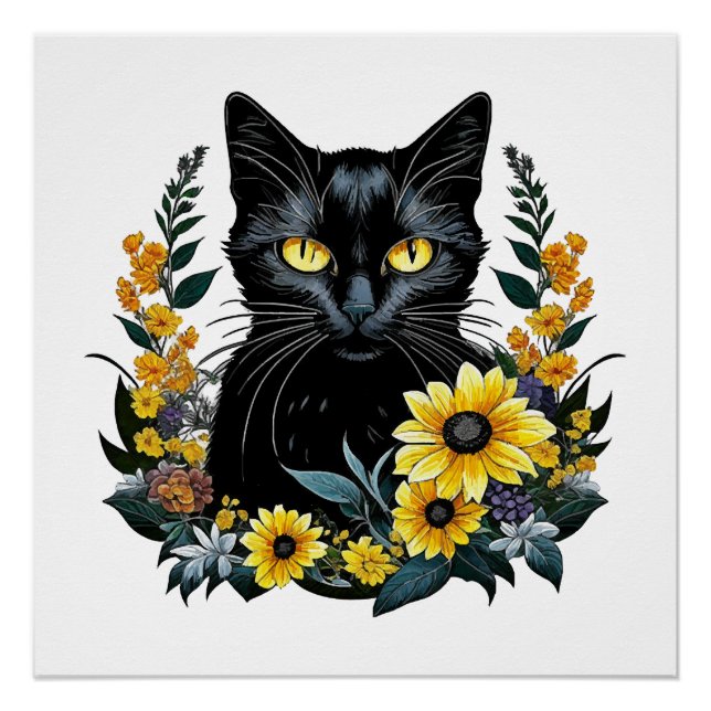 Poster chat noir avec des fleurs (Devant)