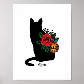 Poster Chat Noir Avec Fleurs