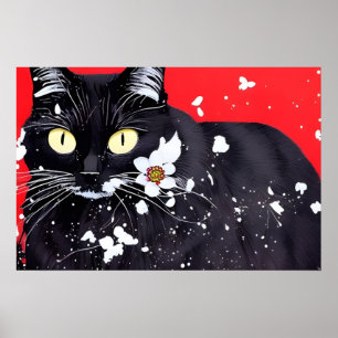 Poster Chat noir avec Fleurs blanches Arrière - plan roug