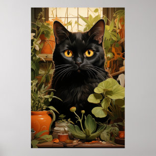 Poster Chat Noir Avec Plantes