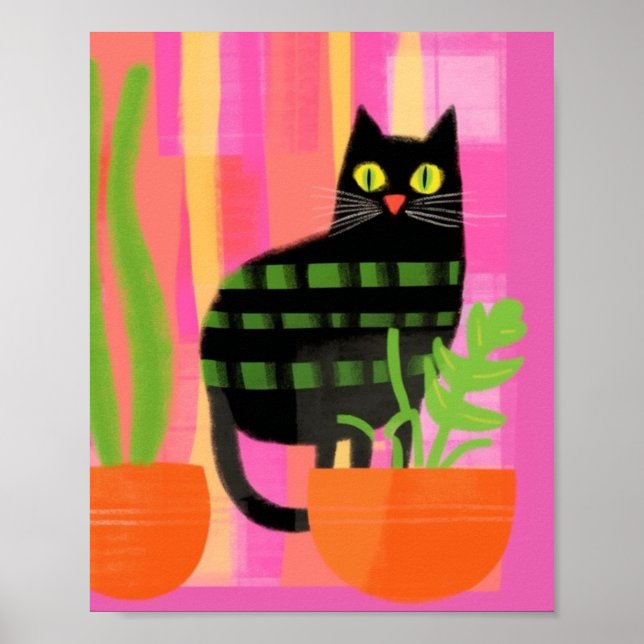 Poster Chat Noir Avec Plantes Rose Vert Orange (Devant)