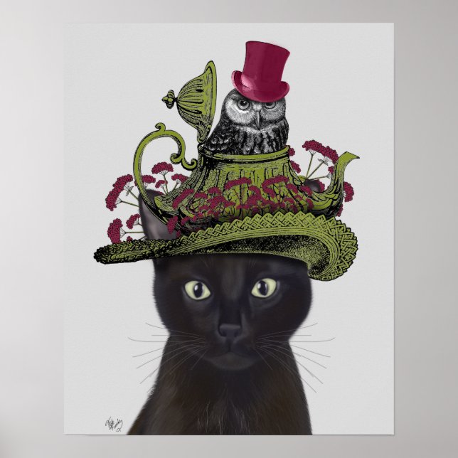 Poster Chat noir avec théière et hibou (Devant)