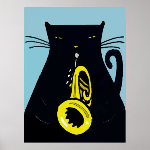 Poster Chat noir avec trompette