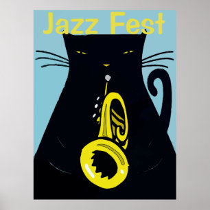 Poster Chat noir avec trompette, Jazz