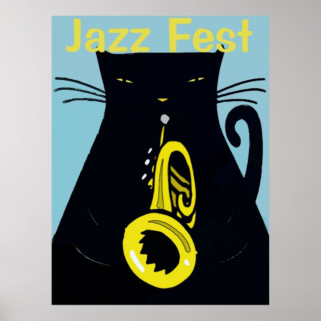 Poster Chat noir avec trompette, Jazz (Devant)