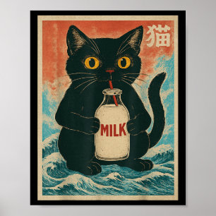 Poster Chat Noir Boire Lait Carton Anime Japonais Drôle G