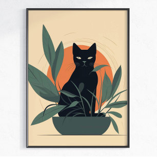Poster Chat Noir Botanique Amateur de Plantes Minimaliste