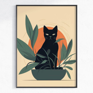 Poster Chat Noir Botanique Amateur de Plantes Minimaliste