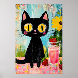 Poster Chat noir buvant du jus de fraise