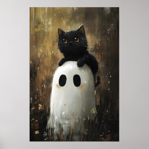 Poster Chat noir câlinant un fantôme mignon imprimé, Hall