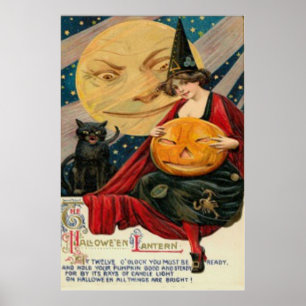 Poster Chat noir citrouille Jack-o'-lantern Witch