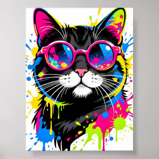 Poster Chat noir coloré portant des lunettes de soleil ro