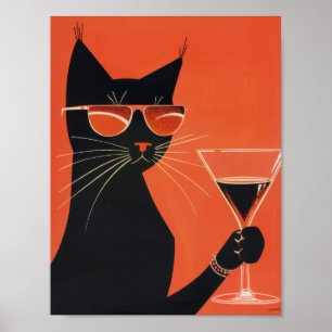 Poster Chat noir cool avec lunettes de soleil Boire d'une