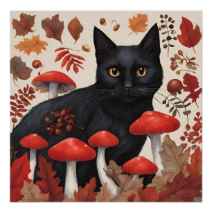 Poster Chat noir dans la forêt d'automne