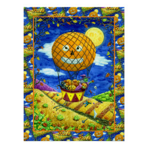 POSTER CHAT NOIR DANS L'AIR CHAUD BALLON HUMOUR ART FOLK