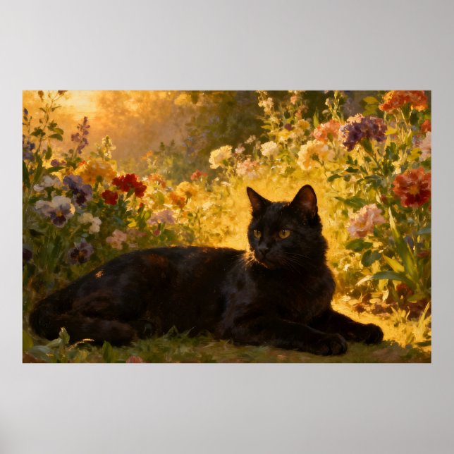 Poster Chat noir dans les fleurs I (Devant)