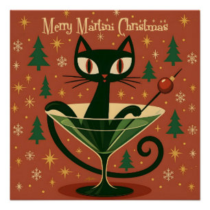 Poster Chat noir de Noël du martini joyeux du milieu du s