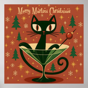 Poster Chat Noir de Noël du Martini Joyeux Milieu de Sièc