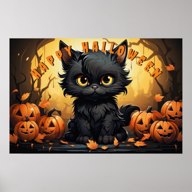 Poster Chat noir d'Halloween assis avec Jack-O'-Lanterns (Devant)