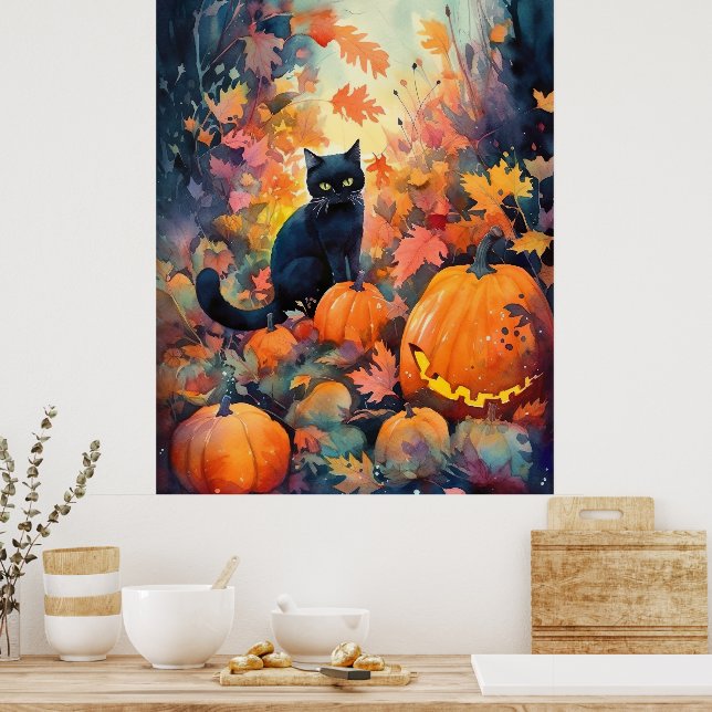 Poster Chat noir d'Halloween avec la peur Citrouille (Cuisine)