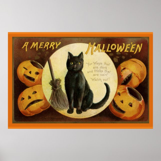 Poster Chat noir d'Halloween vintage et Citrouilles sculp (Devant)