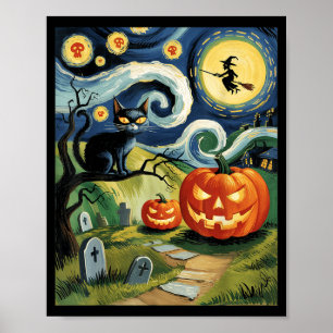 Poster Chat noir d'Halloween vintage lors d'une nuit effr