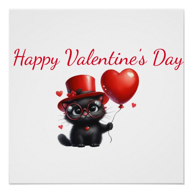 Poster Chat Noir Drôle Avec Ballons Saint-Valentin (Devant)