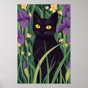 Poster Chat noir drôle et belle fleur