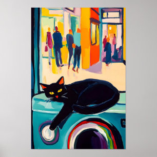 Poster Chat noir drôle et machine à laver