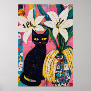 Poster Chat noir drôle et vase de fleurs