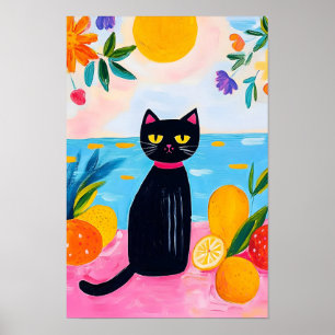 Poster Chat noir drôle Fruits frais et Mer